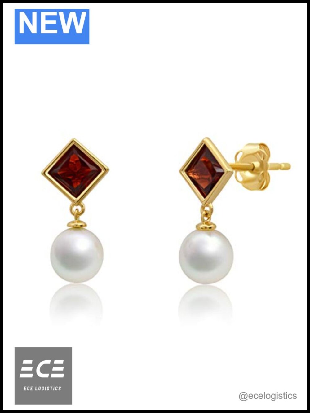 14k Gold Princess Cut Garnet Square Stud Earrings with Freshwater Pearl Dangle